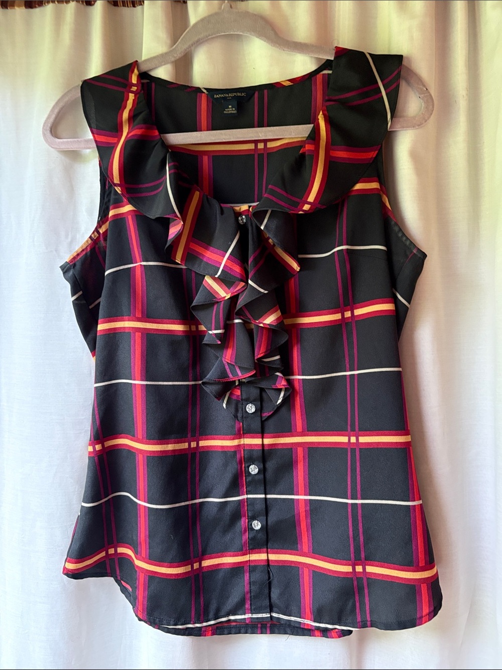 Banana Republic Black Sleeveless Ruffle Plaid Blouse with Red & Yellow Accents